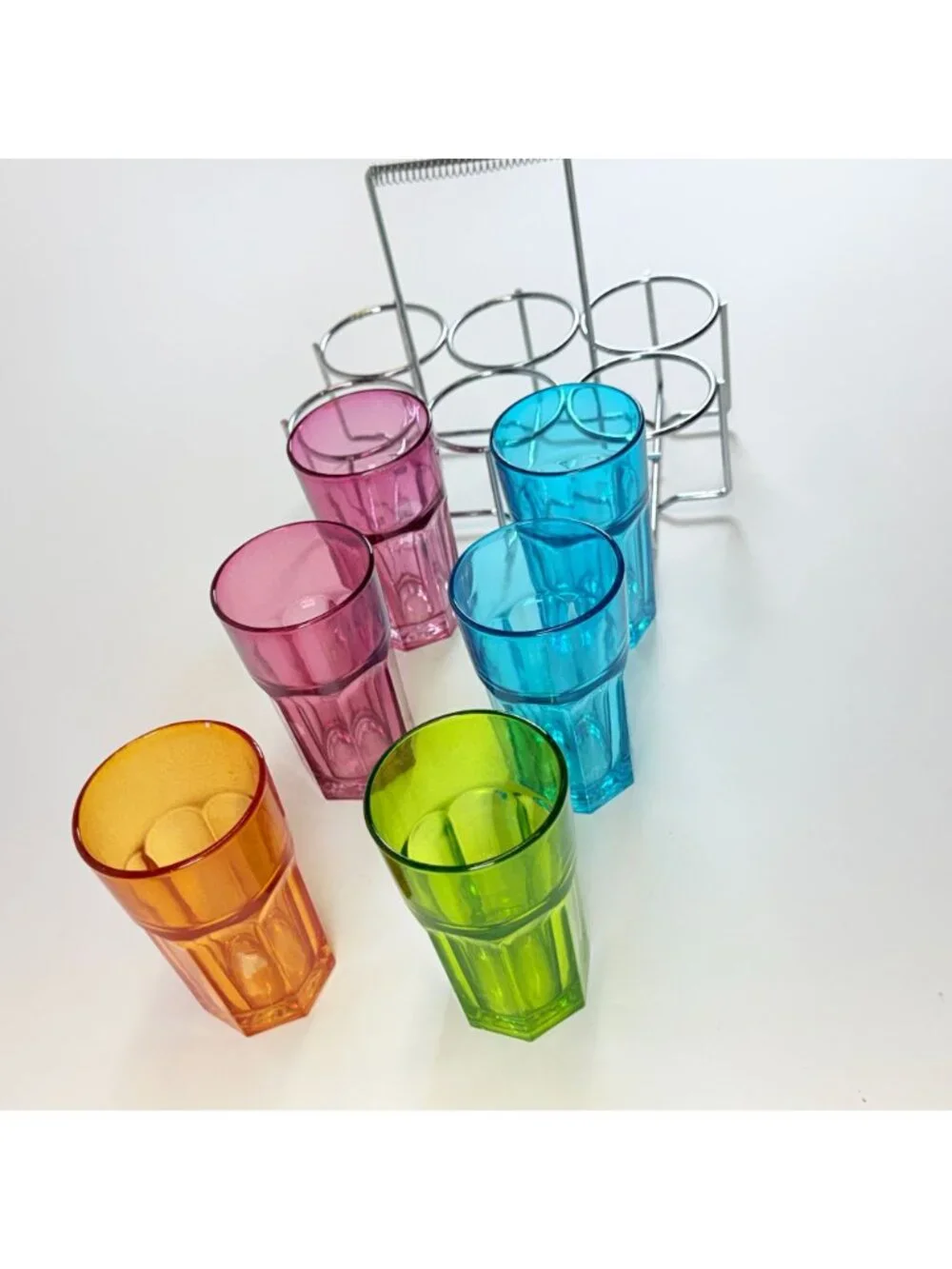 Set Of 6 Colored Glass 6 oz Tumblers With Chrome Metal Holder Retro Design